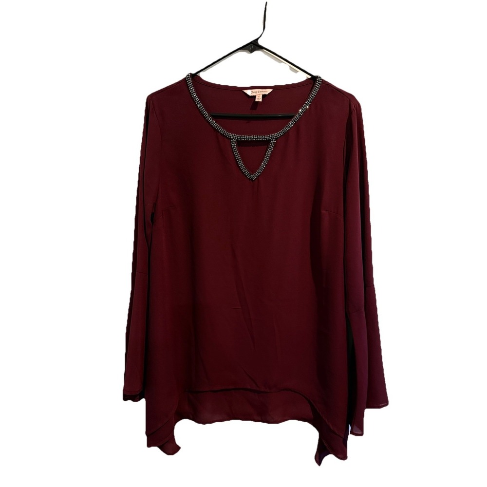 Juicy Couture Rhinestone Trim Keyhole Hi‎ Lo Burgundy Bell Sleeve Blouse Sz L